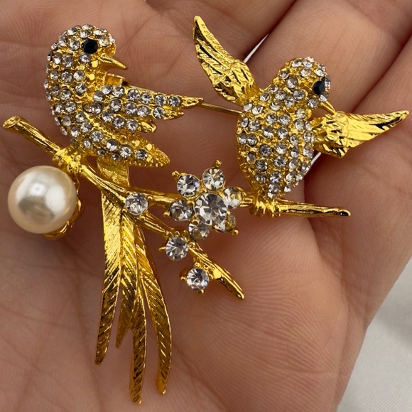 Vintage Gold and Silver Bird Brooch with Crystals and Pearl